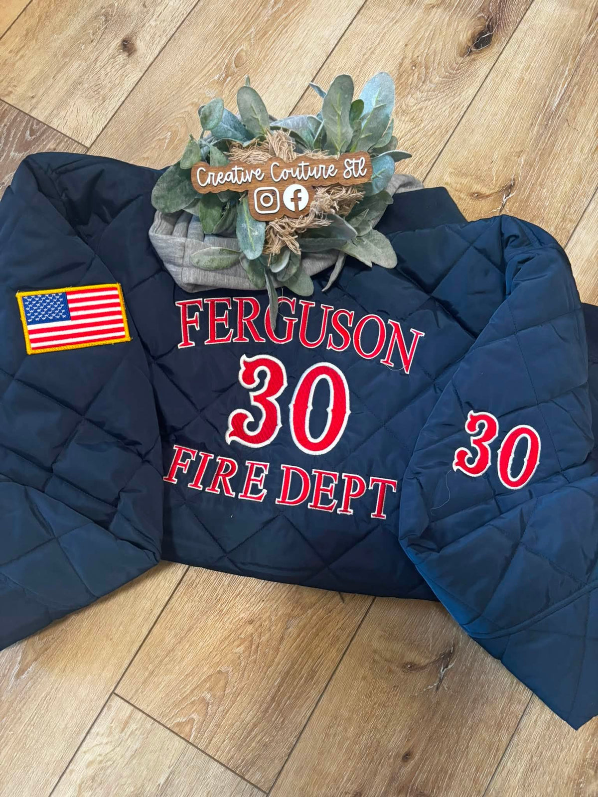 Custom embroidered firefighter diamond quilted jacket back